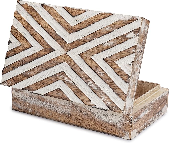 Ajuny Handmade Wooden Box – Hand Carved Line Design Keepsake Box, Decorative Jewelry Organizer Treasure Chest, Memory Storage Boxes Gift for Men and Women, 8x5 Inch