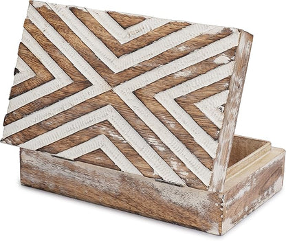 Ajuny Handmade Wooden Box – Hand Carved Line Design Keepsake Box, Decorative Jewelry Organizer Treasure Chest, Memory Storage Boxes Gift for Men and Women, 8x5 Inch