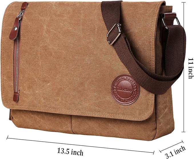 Mactso Vintage Canvas Messenger Bag for Men Women, 13.5 Inch Laptop Satchel Shoulder Bag with Multiple Pockets, Crossbody Bag for Work Travel College (Coffee-01)