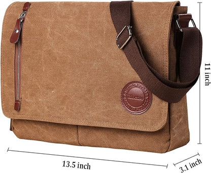Mactso Vintage Canvas Messenger Bag for Men Women, 13.5 Inch Laptop Satchel Shoulder Bag with Multiple Pockets, Crossbody Bag for Work Travel College (Coffee-01)