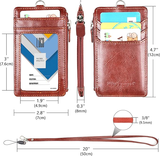 Badge Holder with Zip, Wisdompro 2-Sided Vertical Style PU Leather ID Badge Holder with 1 ID Window, 4 Card Slots, 1 Side Zipper Pocket and 1 piece 20 Inch PU Neck Lanyard Strap - Brown