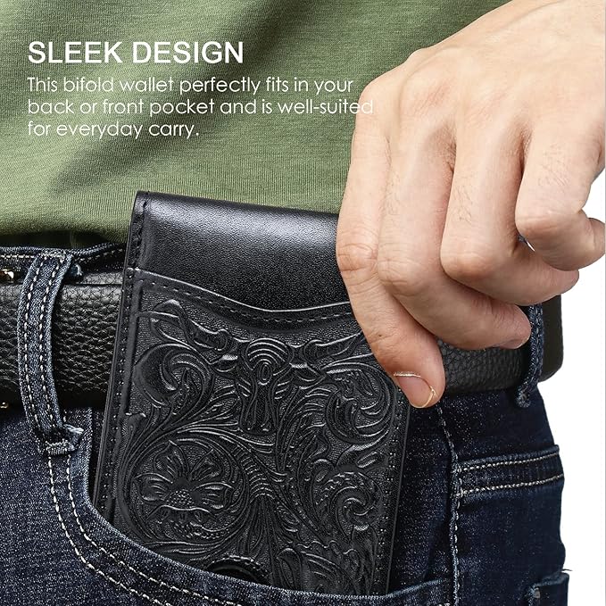 Pefiam Full Grain Leather Bifold Wallet for Men - 11 Slots, RFID Blocking, Gifts for Men - Cowboy Black