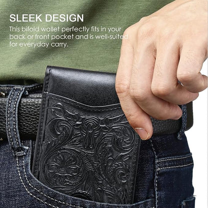 Pefiam Full Grain Leather Bifold Wallet for Men - 11 Slots, RFID Blocking, Gifts for Men - Cowboy Black