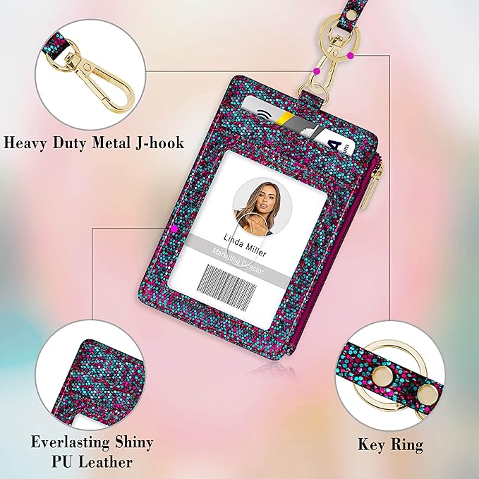 ID Badge Holder with Lanyard, Vertical Bling Shiny ID Badge Card Holder with 1 Clear ID Window, 4 Credit Card Slots, 1 Cash Coin Slot and a Detachable Neck Lanyard (Bling Mermaid)