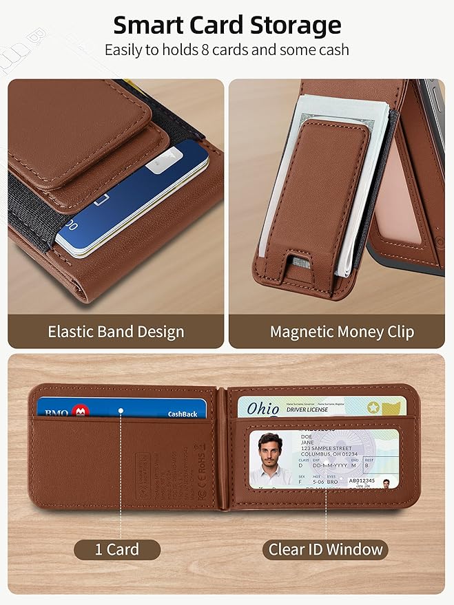 TopMade for MagSafe Wallet Stand with Money Clip, Works with Apple Find My, Magnetic Wallet for iPhone 17/16/15/14/13/12 Series, for iPhone Wallet with Finder Tracker, Brown(Black Elastic Band)