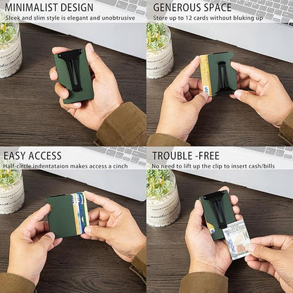 Minimalist Carbon Fiber Wallet for Men, Money Clip Cash Strap Wallet, RFID Blocking Metal Wallet Aluminum Card Holder,Front Pocket Wallet(Matte Green)
