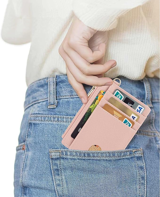 Suweibuke Slim Pocket Wallet, RFID Blocking Credit Card Holder Wallet with D-Shackle ID Window and Detachable keychain for Women (A-Coral Pink)