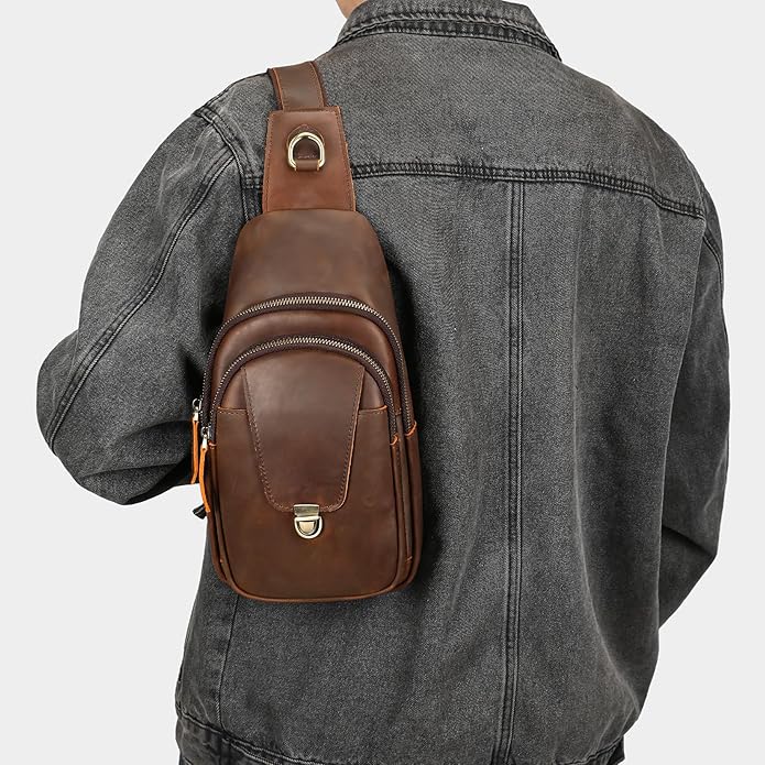 NIUCUNZH Genuine Leather Sling Bag Front Metal-Latch Crossbody Bags Handmade Vintage Chest Shoulder Backpack for Women Men
