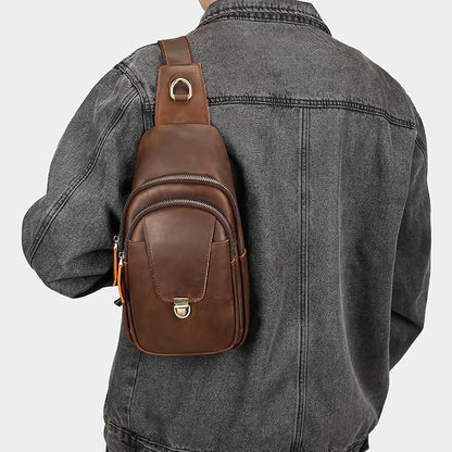 NIUCUNZH Genuine Leather Sling Bag Front Metal-Latch Crossbody Bags Handmade Vintage Chest Shoulder Backpack for Women Men