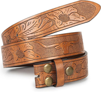 IZUS Vintage Western Belt Strap without Buckle Longhorn-Bull-Embossed Cowboy Belt for Women Men 1-1/2" Wide PU Leather Strap