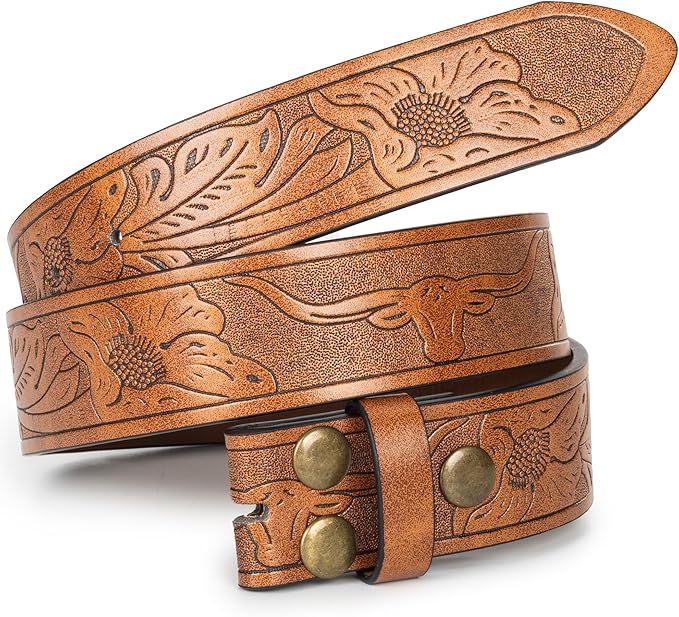 IZUS Vintage Western Belt Strap without Buckle Longhorn-Bull-Embossed Cowboy Belt for Women Men 1-1/2" Wide PU Leather Strap