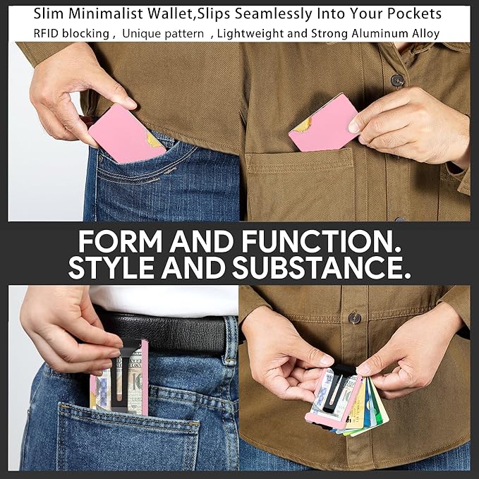 Minimalist Carbon Fiber Wallet for Men, Money Clip Cash Strap Wallet, RFID Blocking Metal Wallet Aluminum Card Holder,Front Pocket Wallet(Matte Pink)