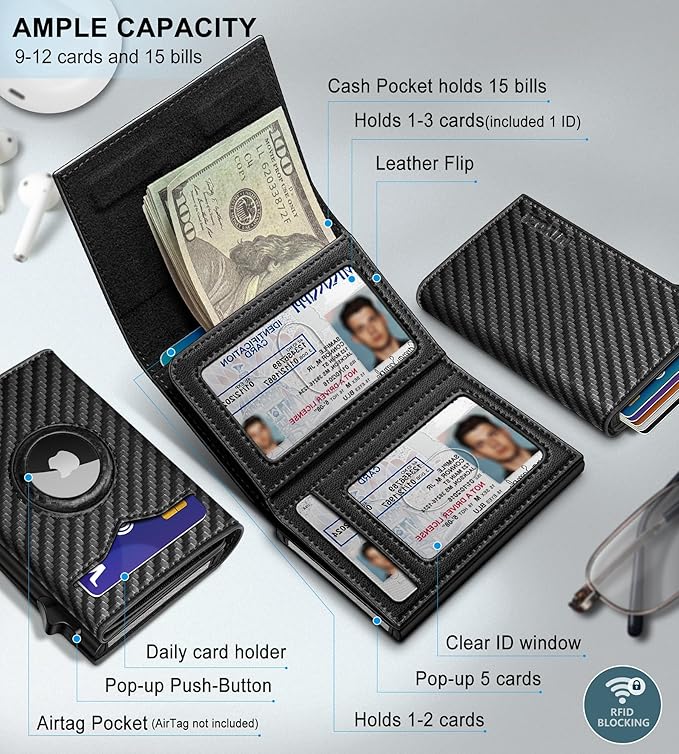 miyozi Airtag Wallet for Men,with Cash Pocket 2 ID Window 9-12 Cards,Metal Case Smart Slim Pop Up Credit Card Holder Flip with Magnetic Closure RFID Blocking Trifold wallet with Gift Box