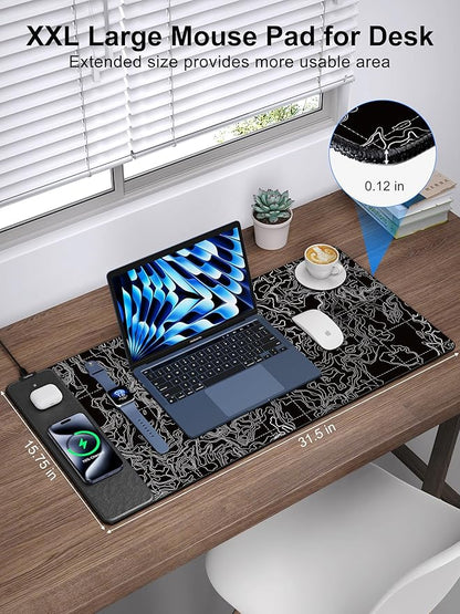 TopMade Mouse Pad with 15W Fast Wireless Charging, 31.5"x15.75" XXL Large Gaming Waterproof Desk Pad with Ultra-Smooth Surface, Non-Slip Base, Computer Desk Mat, Black Topographic Map #3
