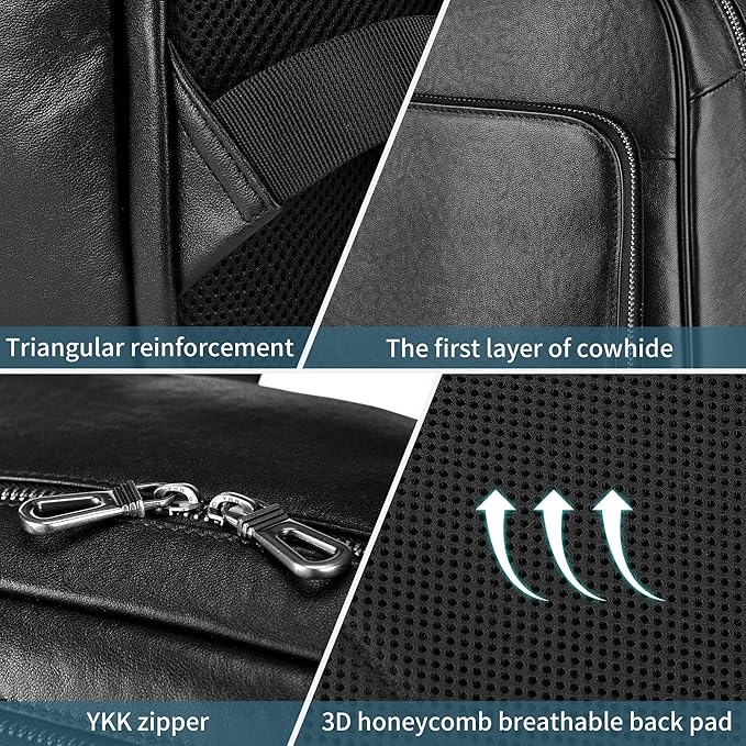 Colins Keirs Large Black Leather Backpack for Men, Minimalist Luxury Executive Computer Backpack for Men, 17.3 Inch Genuine Leather Laptop Backpack for Travel Work Business