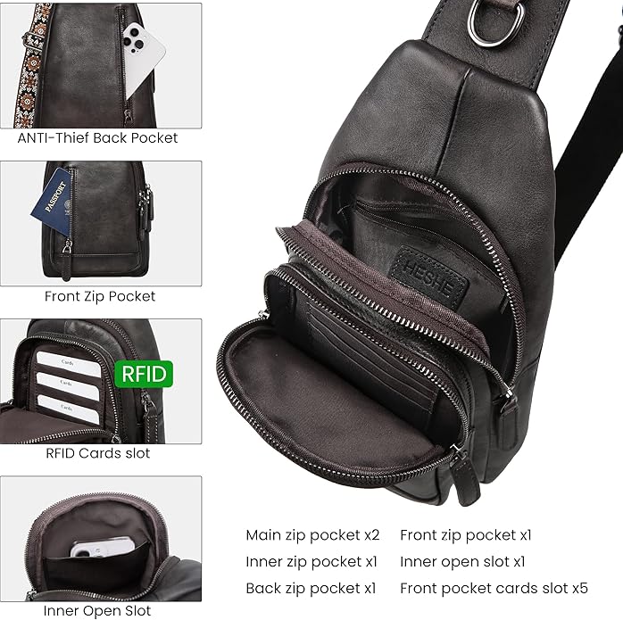HESHE Leather Sling Bag for Women Crossbody Bags with Multi-Pocket Stylish Fanny Packs for Travel Chest Bag