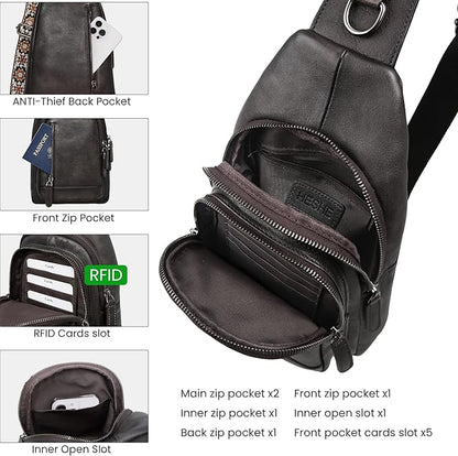 HESHE Leather Sling Bag for Women Crossbody Bags with Multi-Pocket Stylish Fanny Packs for Travel Chest Bag