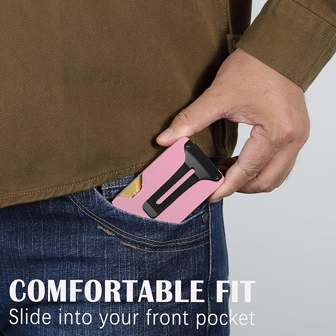 Minimalist Slim Wallet for Men,RFID Blocking Metal Wallet,Aluminum Credit Card Holder & Money Clip 12-15 Cards,Slim Rfid Front Pocket Mens Wallet.Matte Pink