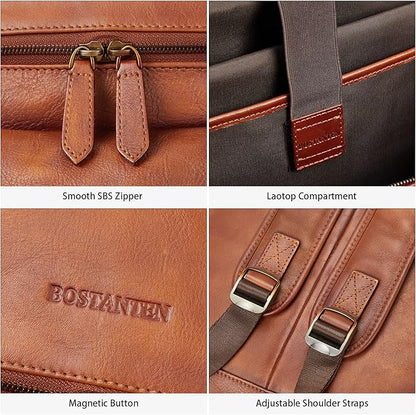 BOSTANTEN Leather Backpack for Men 15.6 inch Laptop Backpack Vintage Travel Office Bag Large Capacity Shoulder Bag Redbrown
