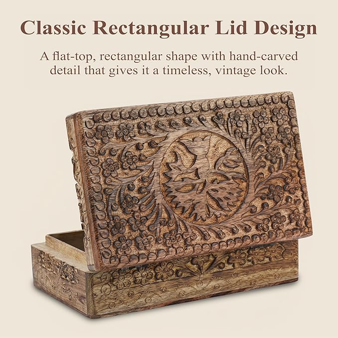 Ajuny Wooden Jewelry Box Tree of Life Carvings Travel Trinket Holder Storage Case Handmade Treasure Box Keepsake 8x5 Inch Multipurpose Organizer Unique Gifts for Men & Women