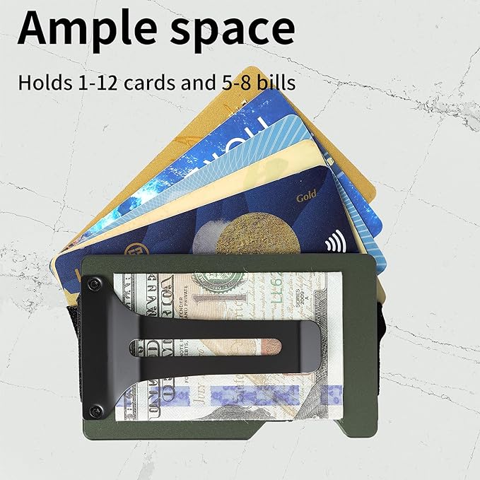 Minimalist Carbon Fiber Wallet for Men, Money Clip Cash Strap Wallet, RFID Blocking Metal Wallet Aluminum Card Holder,Front Pocket Wallet(Matte Green)