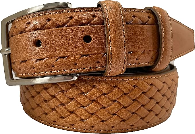 MENS ITALIAN HAND MADE LEATHER BRAID WEAVED EMBOSSED 35MM TROUSER BELT CASUAL FORMAL