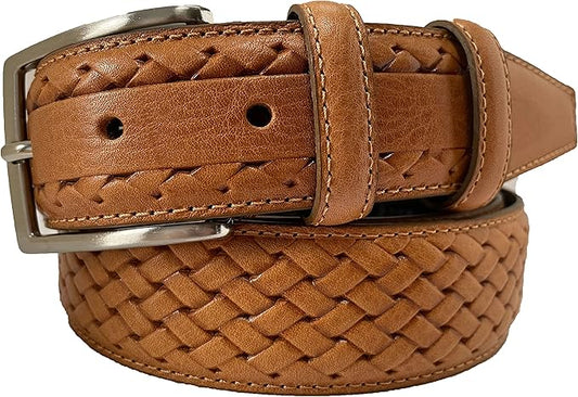 MENS ITALIAN HAND MADE LEATHER BRAID WEAVED EMBOSSED 35MM TROUSER BELT CASUAL FORMAL