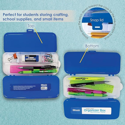 BAZIC PRODUCTS Plastic Pencil Case, Double Deck Utility Storage Box, Multi Purpose Organizer & Supply Holder, Transparent Box Design, Assorted Color, Ideal for School, Office & Craft Use, 4-Pack
