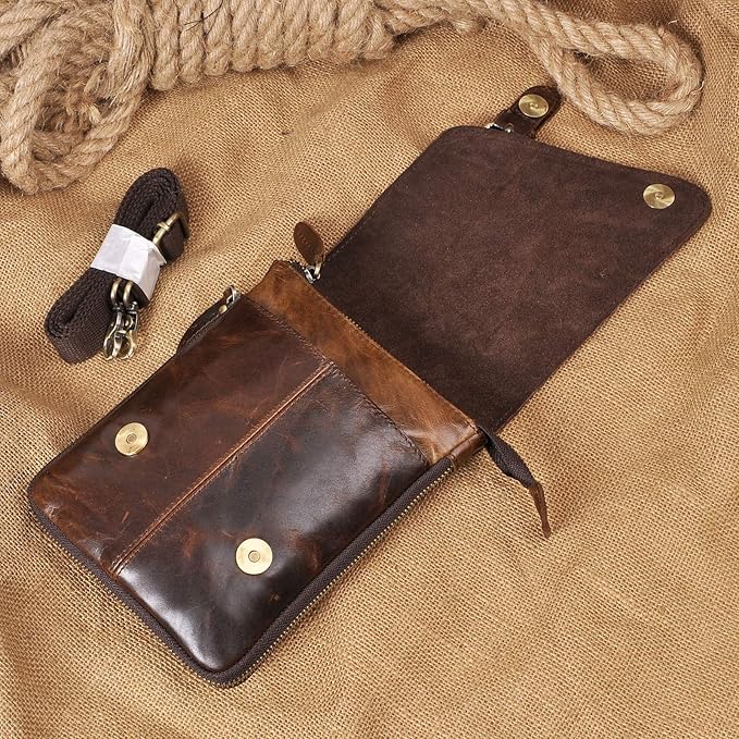 Le'aokuu Mens Genuine Leather Small Messenger Shoulder Satchel Phone Pouch Belt Waist Bag Pack