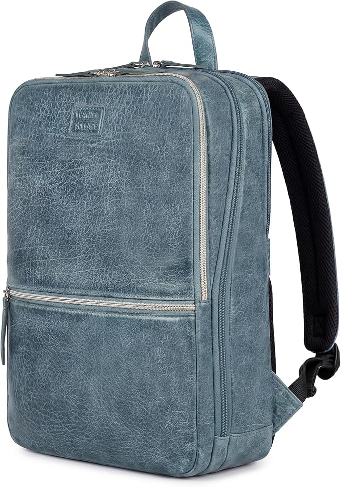 LEATHER VILLAGE Leather Laptop Backpack for Men | Teal Blue | Slim Professional Business Bag Fits 15.6”-Laptop | Water-Repellent Work & Travel Daypack with Trolley Strap