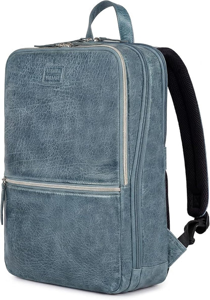 LEATHER VILLAGE Leather Laptop Backpack for Men | Teal Blue | Slim Professional Business Bag Fits 15.6”-Laptop | Water-Repellent Work & Travel Daypack with Trolley Strap