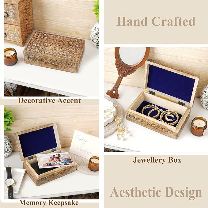 Ajuny Wooden Jewelry Box Tree of Life Carvings Travel Trinket Holder Storage Case Handmade Treasure Box Keepsake 8x5 Inch Multipurpose Organizer Unique Gifts for Men & Women