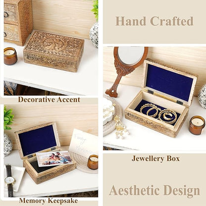 Ajuny Wooden Jewelry Box Tree of Life Carvings Travel Trinket Holder Storage Case Handmade Treasure Box Keepsake 8x5 Inch Multipurpose Organizer Unique Gifts for Men & Women