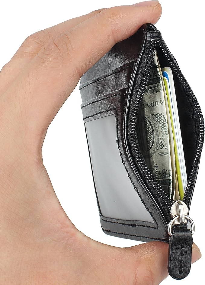 Badge Holder with Zip, Wisdompro 2-Sided PU Leather ID Badge Holder with 1 ID Window, 4 Card Slots, 1 Side Zipper Pocket and 1 piece 20 Inch Leather Neck Lanyard Strap - Black (Horizontal)