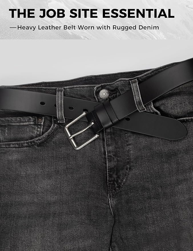 Mens Heavy Duty Full Grain Leather Belt - 1 1/2 Italian Genuine Leather with Sturdy Buckle for Jeans Casual Pants