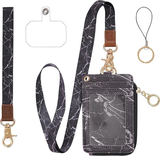 MONDO DESIGNS 2-in-1 ID Badge Holder & Lanyard Wallet - Multi-Use Womens Small Wallet with Removable Wristlet & Neck Lanyard, Clear Window, 5 Card Slots, Phone Holder, Ring Keychain - Black Marble