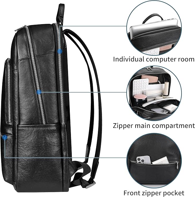Colins Keirs Large Black Leather Backpack for Men, Minimalist Luxury Executive Computer Backpack for Men, 17.3 Inch Genuine Leather Laptop Backpack for Travel Work Business