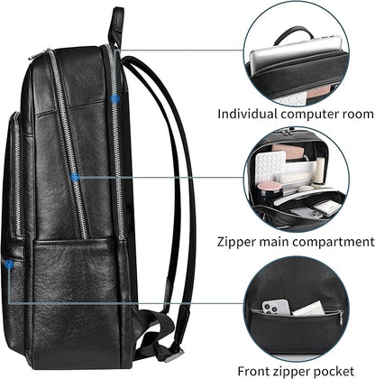 Colins Keirs Large Black Leather Backpack for Men, Minimalist Luxury Executive Computer Backpack for Men, 17.3 Inch Genuine Leather Laptop Backpack for Travel Work Business