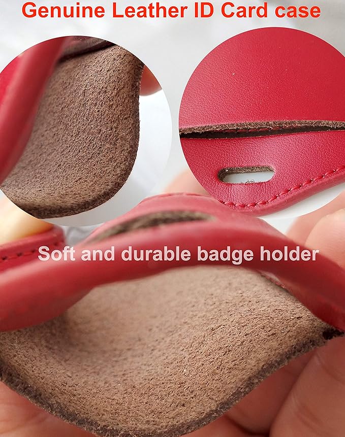 ID Card Case + Heavy Duty Lanyard (Red)+ Badge Holder Retractable Reel Carabiner and Plastic Clip (Soft Genuine Leather Case)