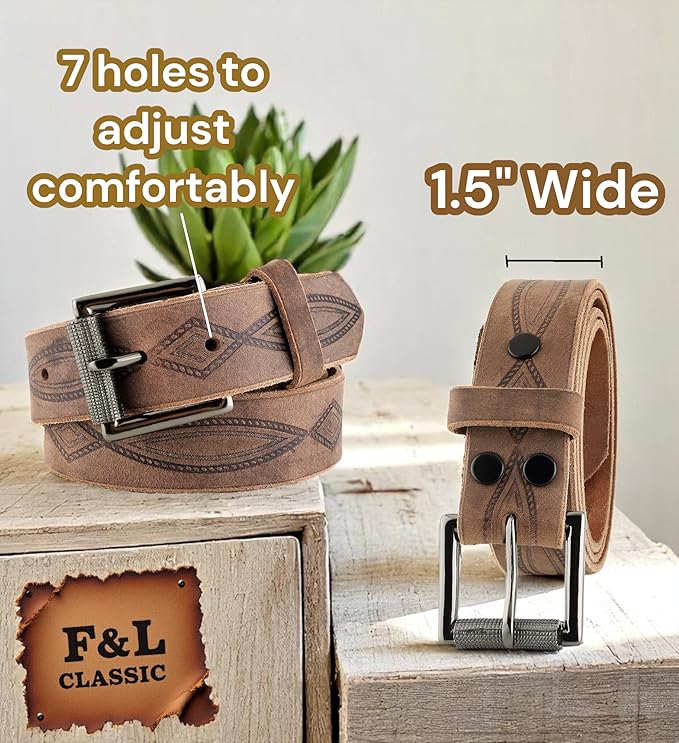 F&L CLASSIC Men's full Grain Vintage Distressed leather Belt,easy to change Roller buckle,1.5" Wide,USA,