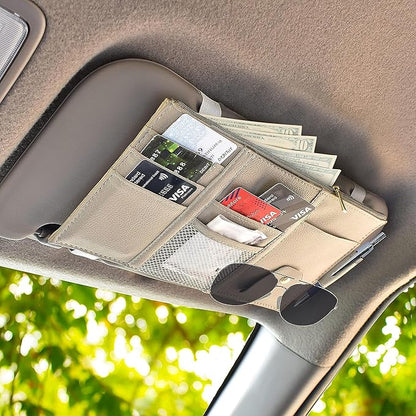 EcoNour Car Sun Visor Organizer (Beige) | Multi-Pocket Net Zipper Case for Cash, Card, Pen & Sunglass | Visor Organizer Storage Pouch | Interior Accessories with Pocket for Car & Truck | Small
