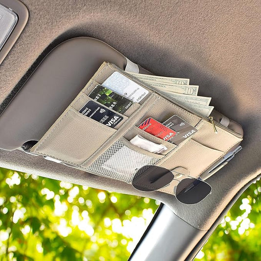 EcoNour Car Sun Visor Organizer (Beige) | Multi-Pocket Net Zipper Case for Cash, Card, Pen & Sunglass | Visor Organizer Storage Pouch | Interior Accessories with Pocket for Car & Truck | Small