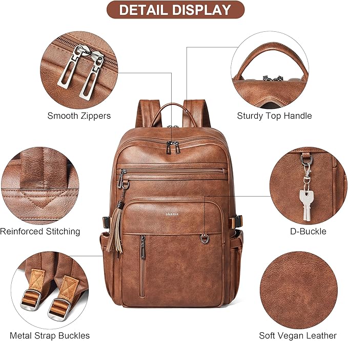 Shrrie Vegan Leather Laptop Backpack for Women,17 Inch Computer Backpack Purse for Work Business College Travel Teacher Nurse with Anti-theft Pocket & Giant Tumbler Holder Pocket,Caramel Brown