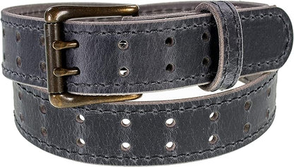 Men’s Classic Leather Belt, Double Prong Retro Style, Antique Brass Buckle, 1 ½” Width, Amish handmade in the USA