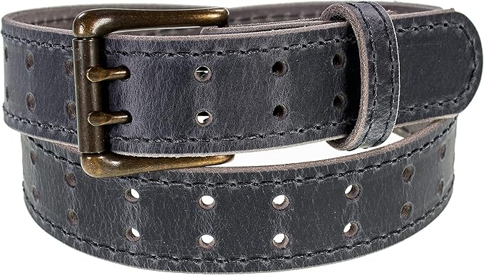 Men’s Classic Leather Belt, Double Prong Retro Style, Antique Brass Buckle, 1 ½” Width, Amish handmade in the USA