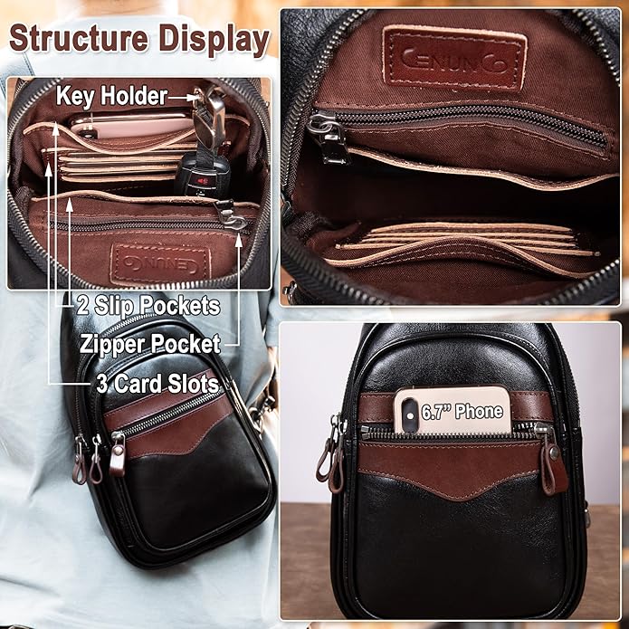 Genuine Leather Sling Bag for Men and Women Crossbody Shoulder Bag Sling Backpack Chest Purse Carry on Casual Daypack | Genuine Leather, Shoulder Bag, Carry on, Casual, Daypack
