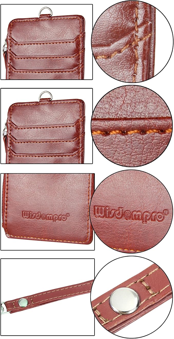 Badge Holder with Zip, Wisdompro 2-Sided Vertical Style PU Leather ID Badge Holder with 1 ID Window, 4 Card Slots, 1 Side Zipper Pocket and 1 piece 20 Inch PU Neck Lanyard Strap - Brown