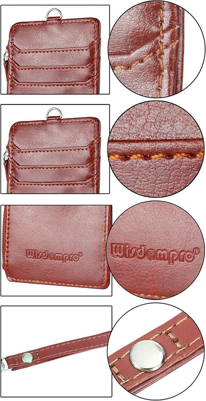 Badge Holder with Zip, Wisdompro 2-Sided Vertical Style PU Leather ID Badge Holder with 1 ID Window, 4 Card Slots, 1 Side Zipper Pocket and 1 piece 20 Inch PU Neck Lanyard Strap - Brown