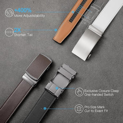 SENDEFN Men's Leather Belt Automatic Ratchet Buckle Slide Belt for Dress Casual Trim to Fit with Gift Box