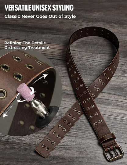 1.5" Double Hole Full Grain Leather Belt - Vintage Distressed Casual Belt for Men Women with Double Prong Buckle